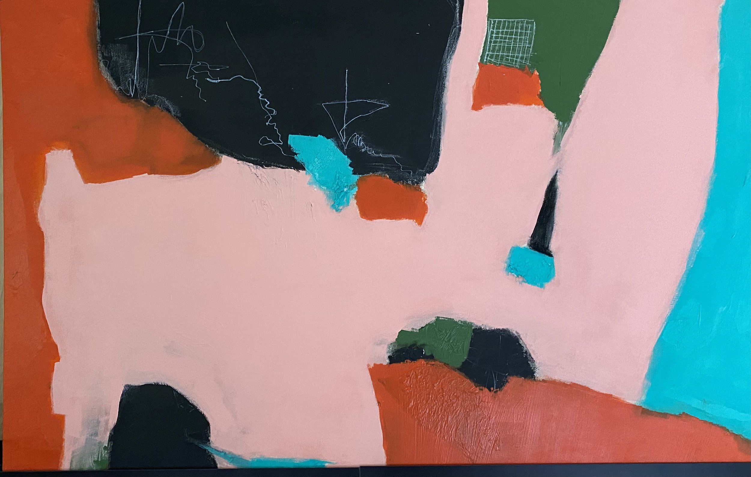 Abstract painting with pink background, black, green, orange, and blue shapes, and scribbles.