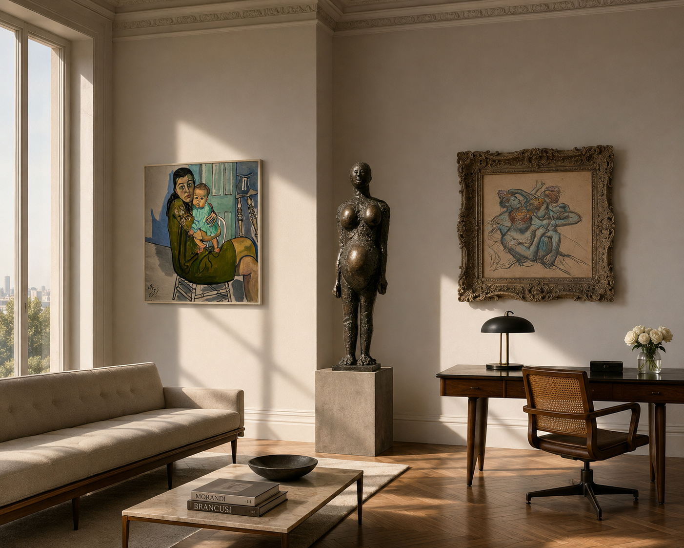 Private interior with paintings and sculpture displayed in a residential art collection.
