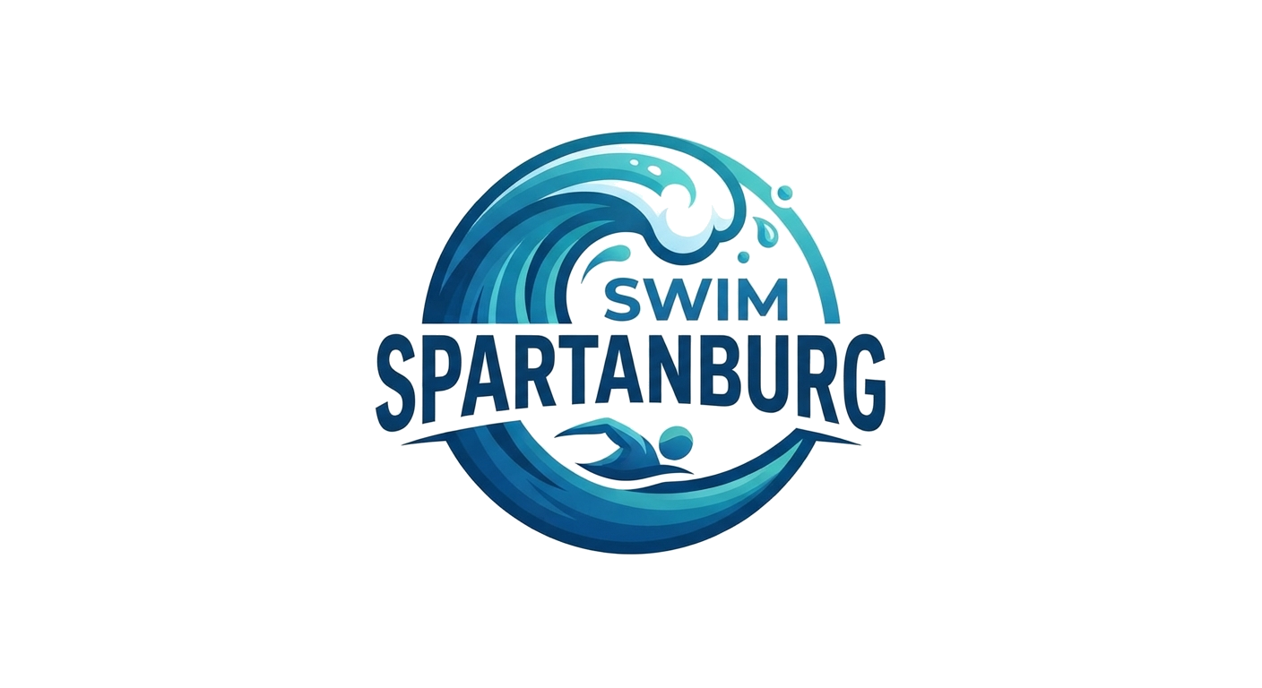 Logo for Swim Spartanburg, featuring a stylized wave with a swimmer in the center, and the words 'Swim Spartanburg' written across.