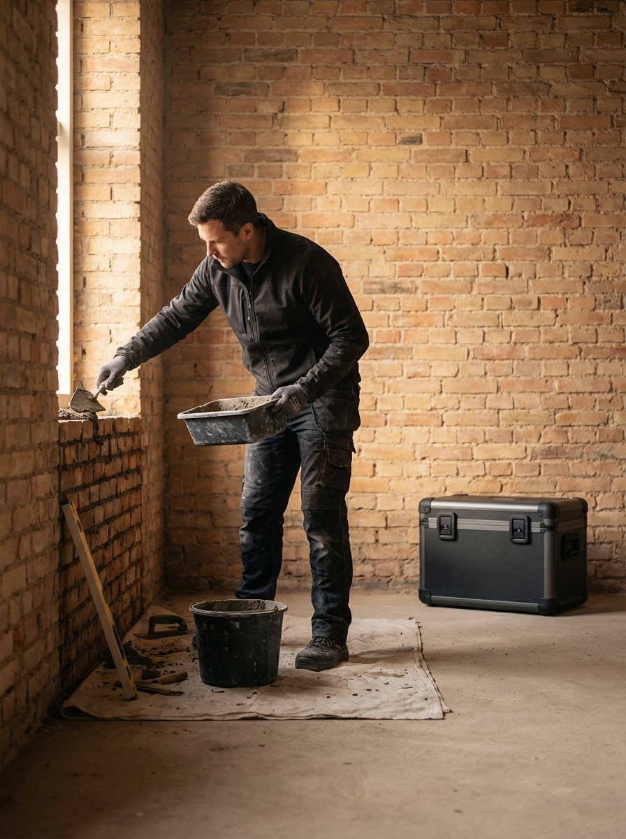 A man in a black jacket and gloves is applying mortar to a brick wall using a trowel. There is a black bucket on the floor, a small level leaning against the wall, and a gray toolbox nearby. The room has exposed brick walls and a concrete floor.