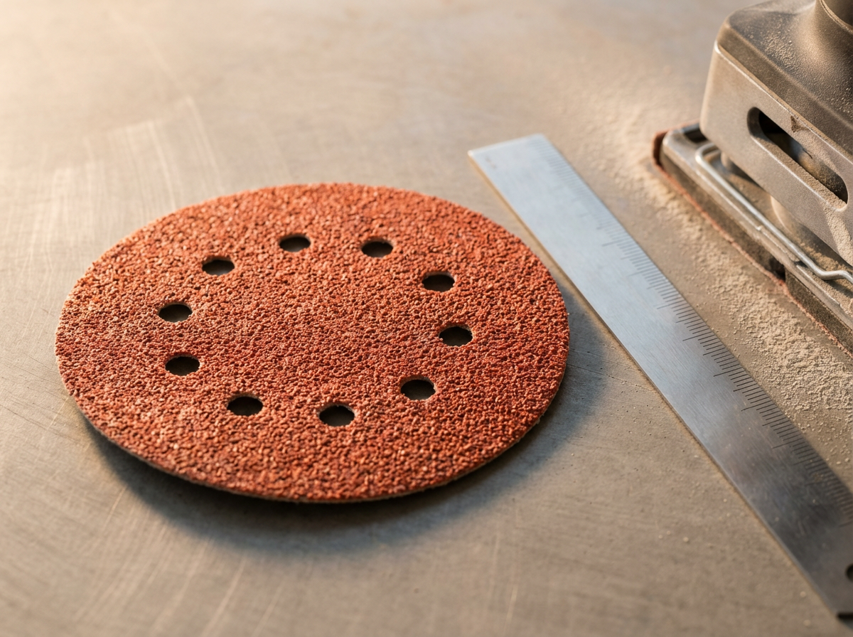 A round red-brown abrasive grinding pad with multiple holes, a metal ruler, and a part of a sanding or grinding tool on a metallic surface.