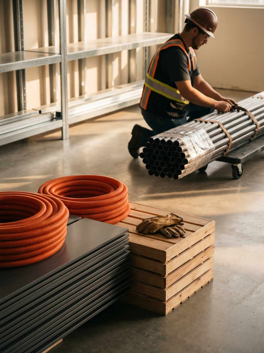 A construction worker kneeling on the floor, wearing a safety helmet and reflective vest, handling metal pipes in a building under construction. Nearby, orange flexible conduit, metal sheets, and wooden pallets with work gloves are visible.