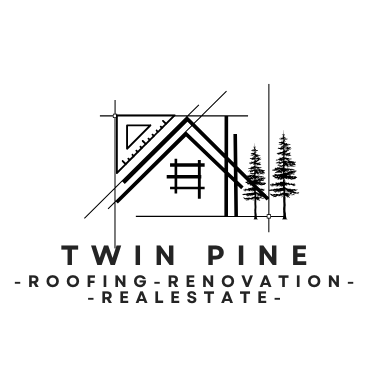 Logo for Twin Pine Roofing and Renovation, featuring a stylized house with trees, text indicating services in roofing, renovation, and real estate.