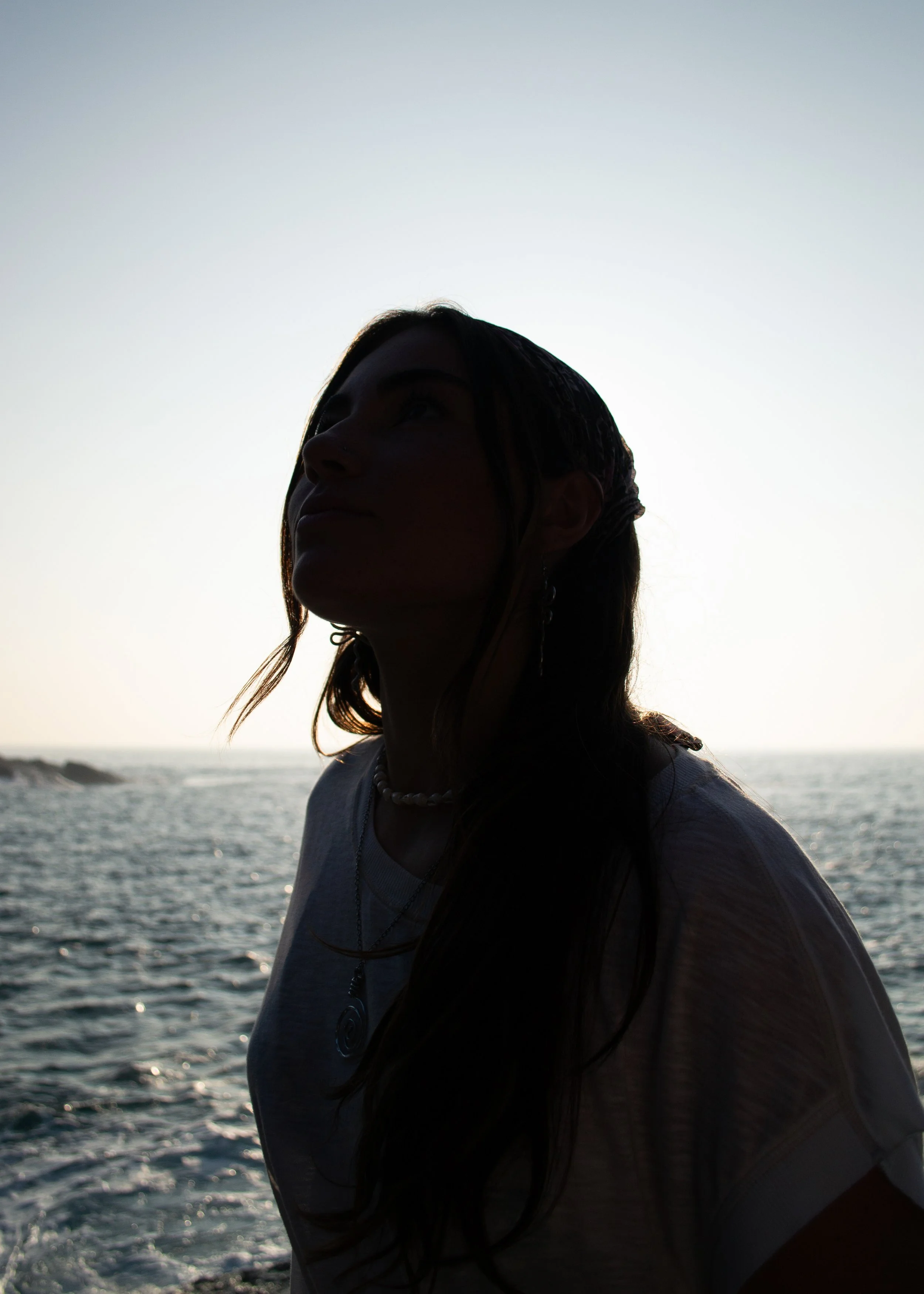 Silhouette of a woman with long hair standing near the ocean at sunset