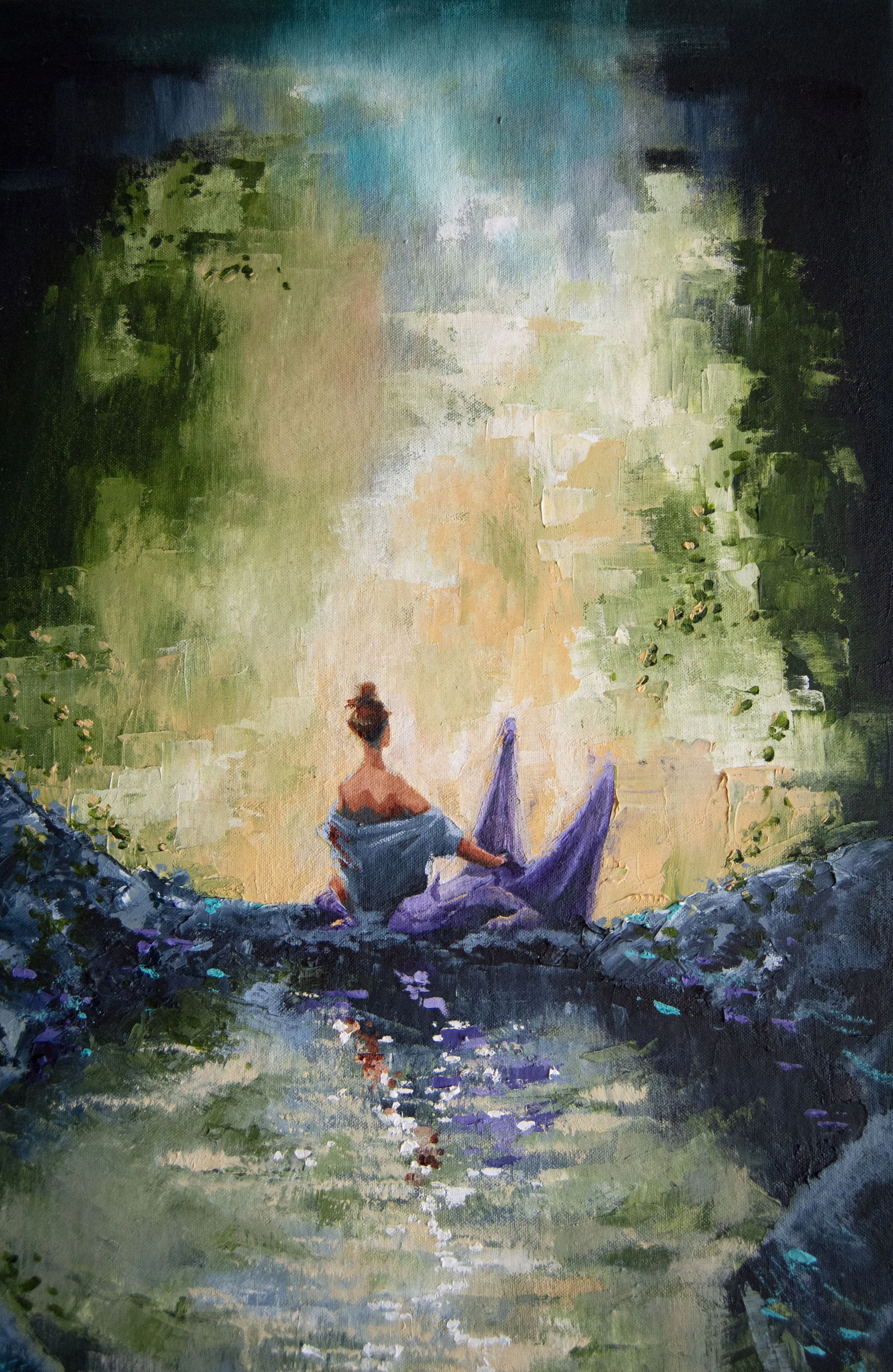 Painting of a woman sitting on a large rock surrounded by greenery, with a reflection in the water, using impressionistic brushstrokes.