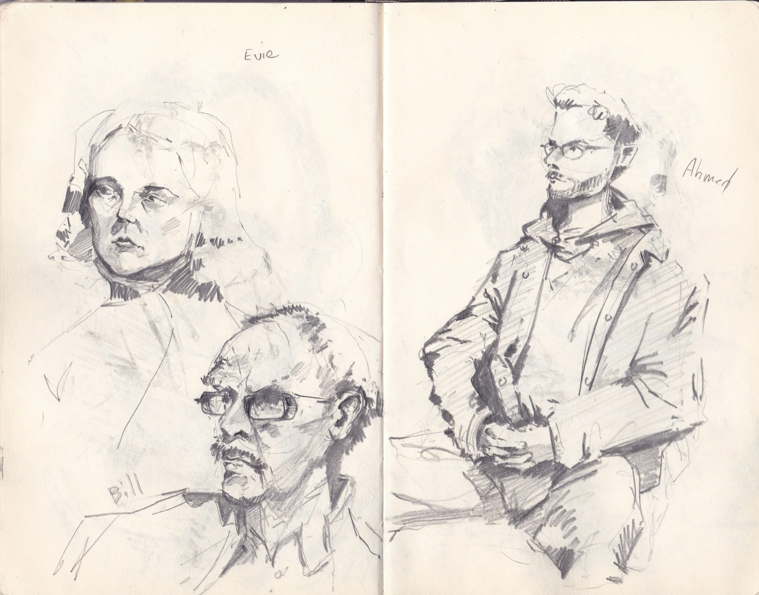 Sketch of four people, with two women and two men, drawn with ink. One woman has shoulder-length hair and wears glasses, and the other woman has shorter hair. One man has glasses and a beard, while the other man has glasses and slightly longer hair. 