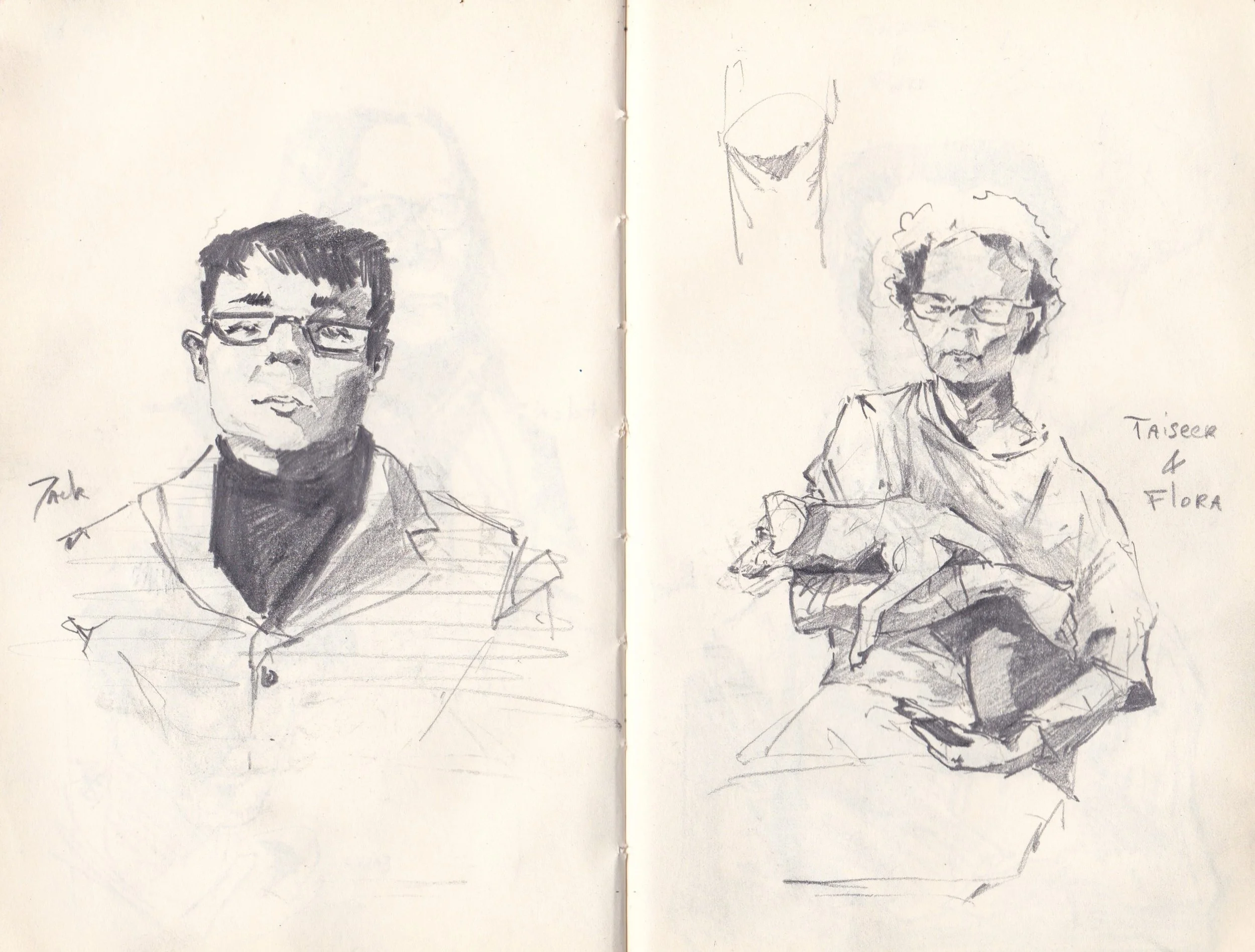 Sketch of two people, one male and one female, drawn in black ink on a white background. The male on the left has short hair, glasses, and is wearing a jacket with a collared shirt underneath. The female on the right has curly hair, glasses, and is w