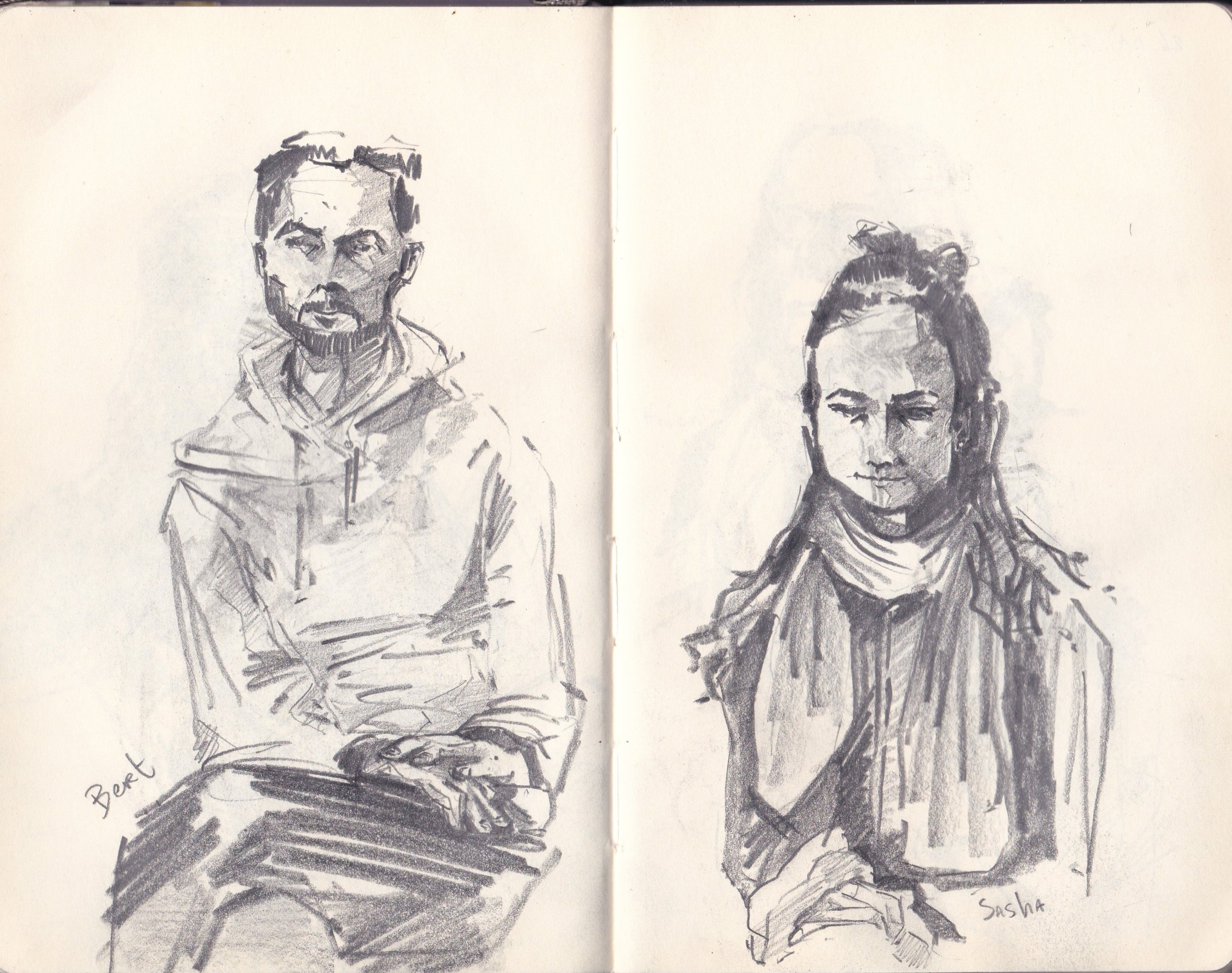 Sketch of two people, one labeled Bert and the other labeled Sasha, drawn with black ink on a white background.