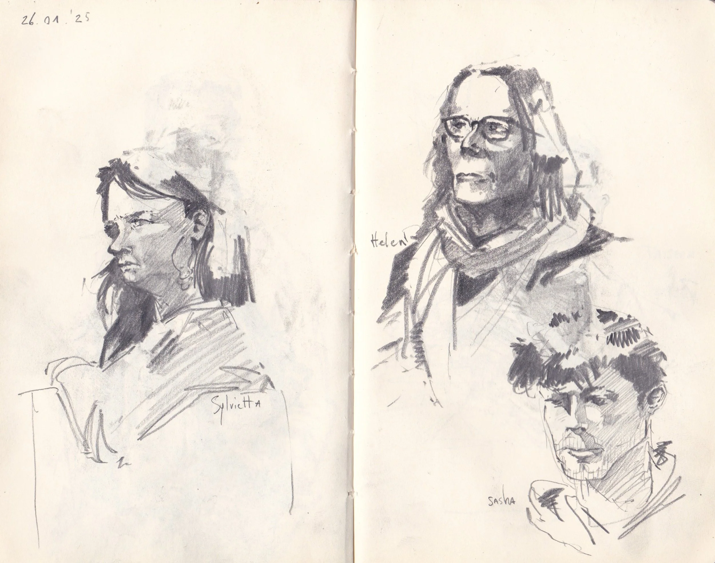 Hand-drawn sketches of three people, two women and a man, with names Helen, Sylvia, and Sasha written near the respective drawings. The sketches include facial features and hair details, and the date 26.01.25 is written in the top left corner.