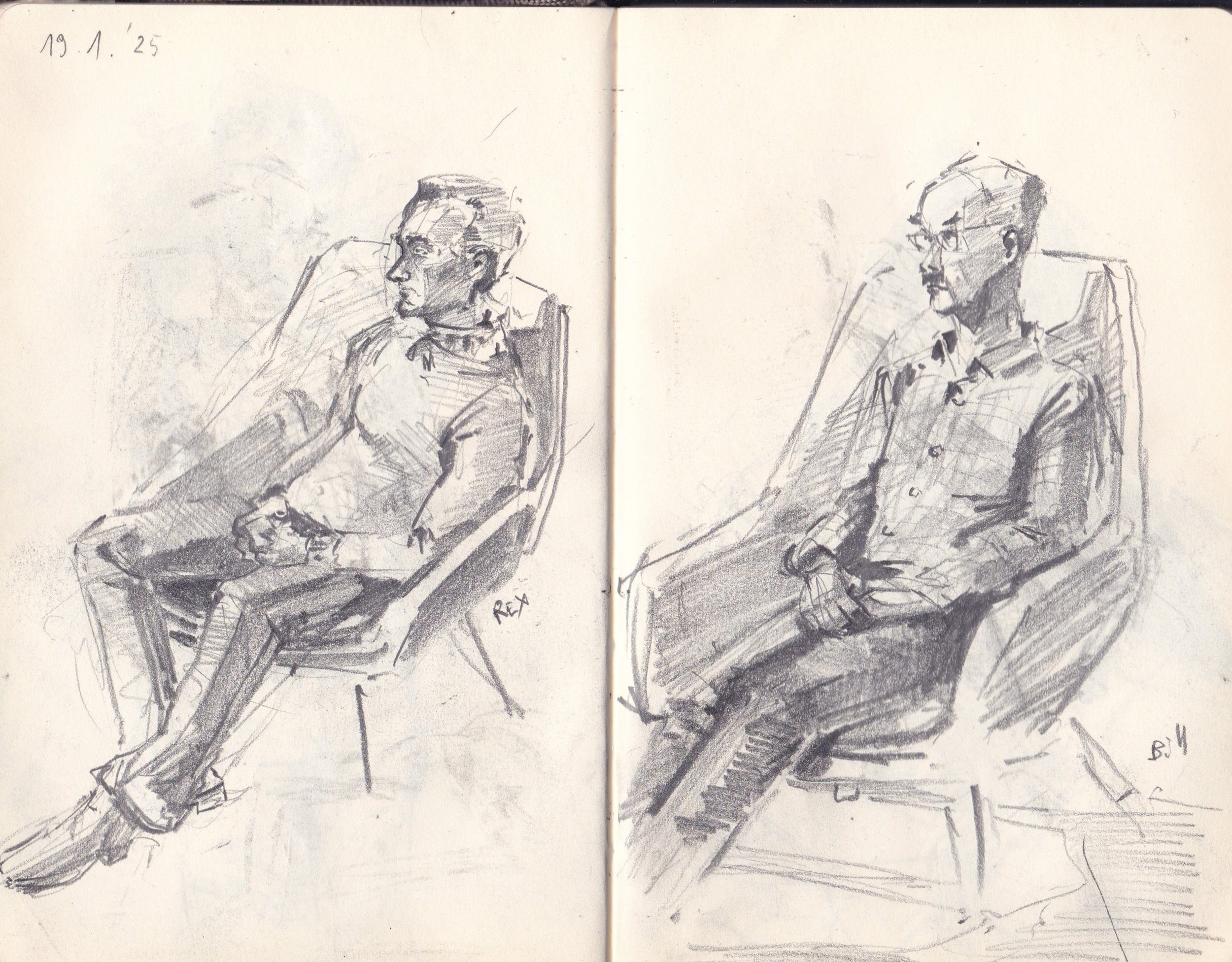 Sketch of two men sitting in chairs, facing each other, drawn in black ink on paper, with the date '19.1.25' noted at the top left corner.