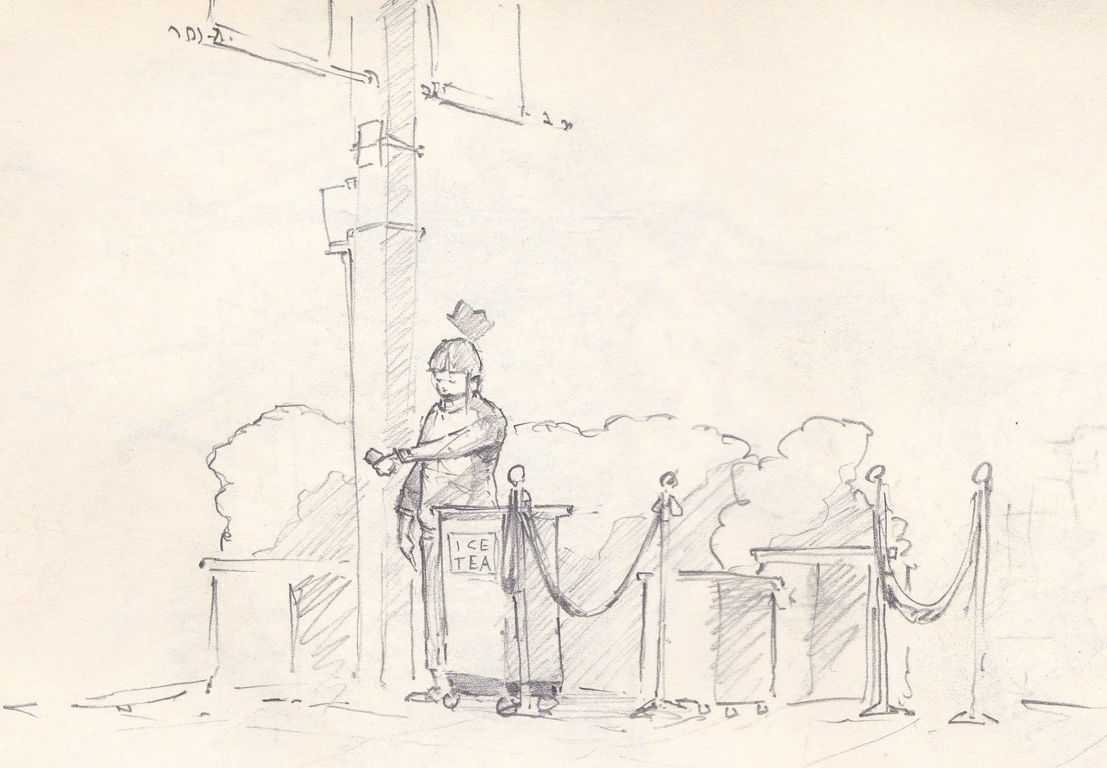 A sketch of a person with a top hat standing behind a temp sign that says 'Ice Tea', holding a phone in their hand. There are four poles with ropes attached, forming a queue line, and bushes or trees in the background.