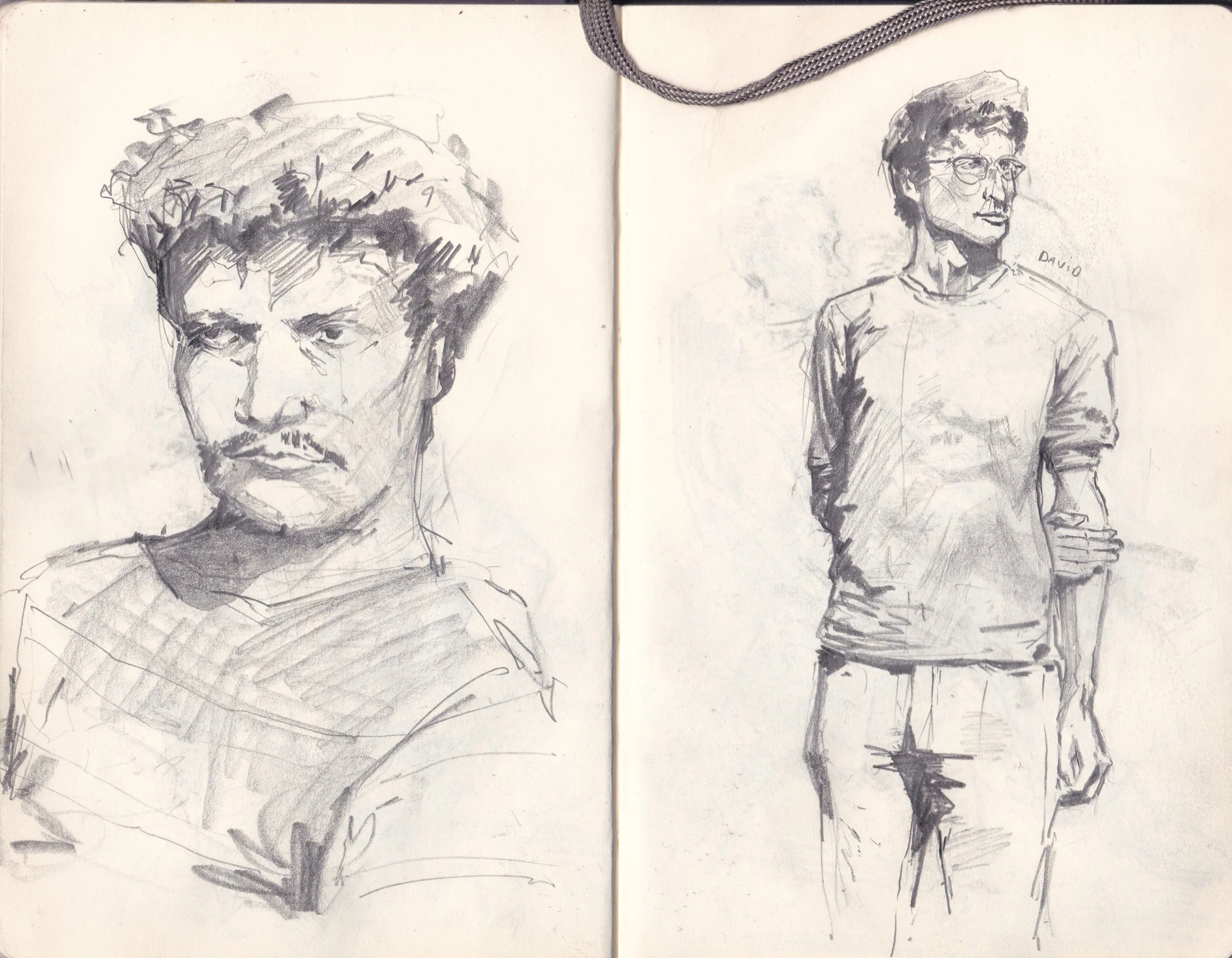 Sketches of two people: on the left, a rough drawing of a person's face with short hair and glasses, on the right, a more detailed drawing of a person with glasses and curly hair labeled 'David'.