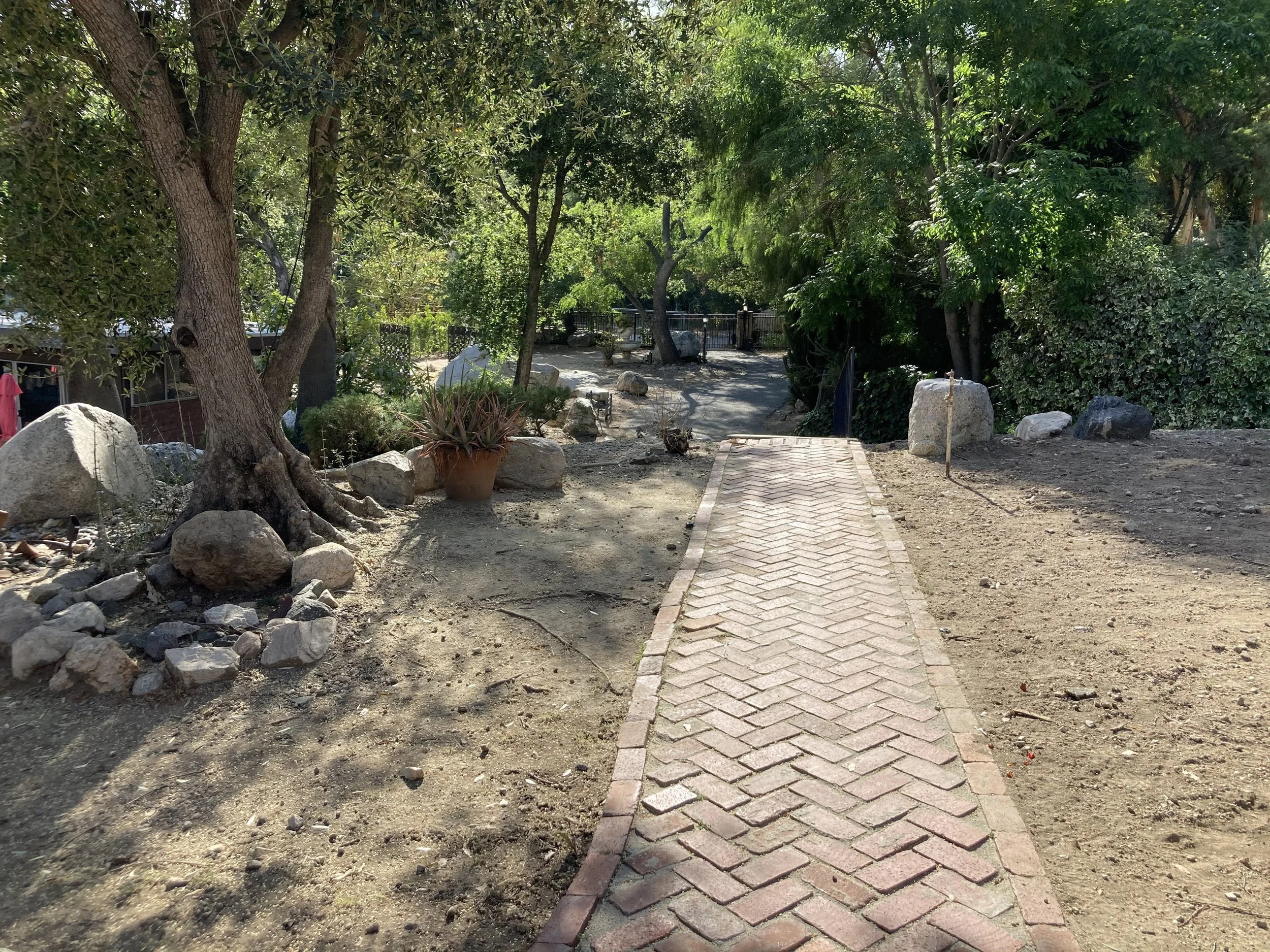 A pathway made of bricks runs through a natural garden area with tall trees, plants, and rocks, enclosed by a fence in the background.