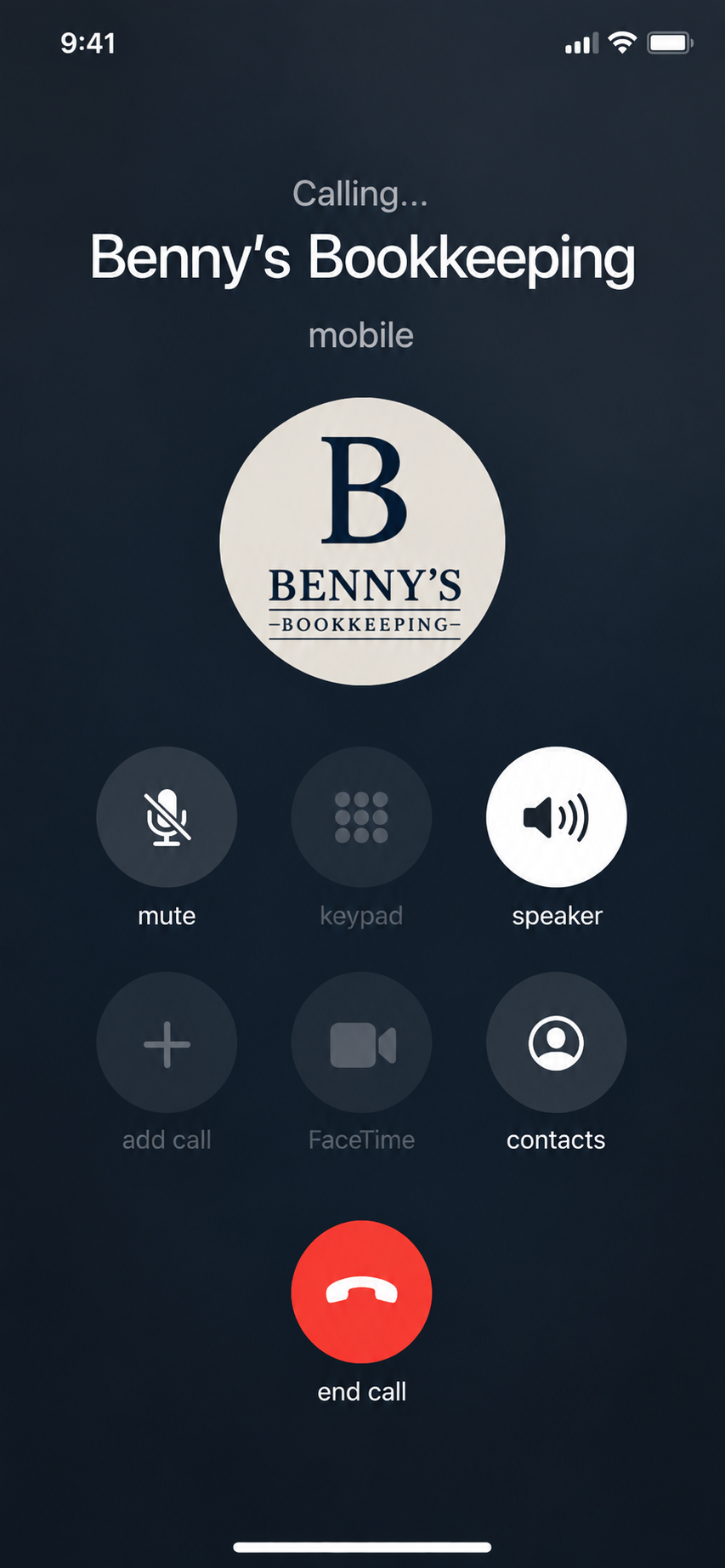iPhone screen displaying an incoming call from Benny's Bookkeeping with options to mute, keypad, speaker, add call, FaceTime, contacts, and end call.