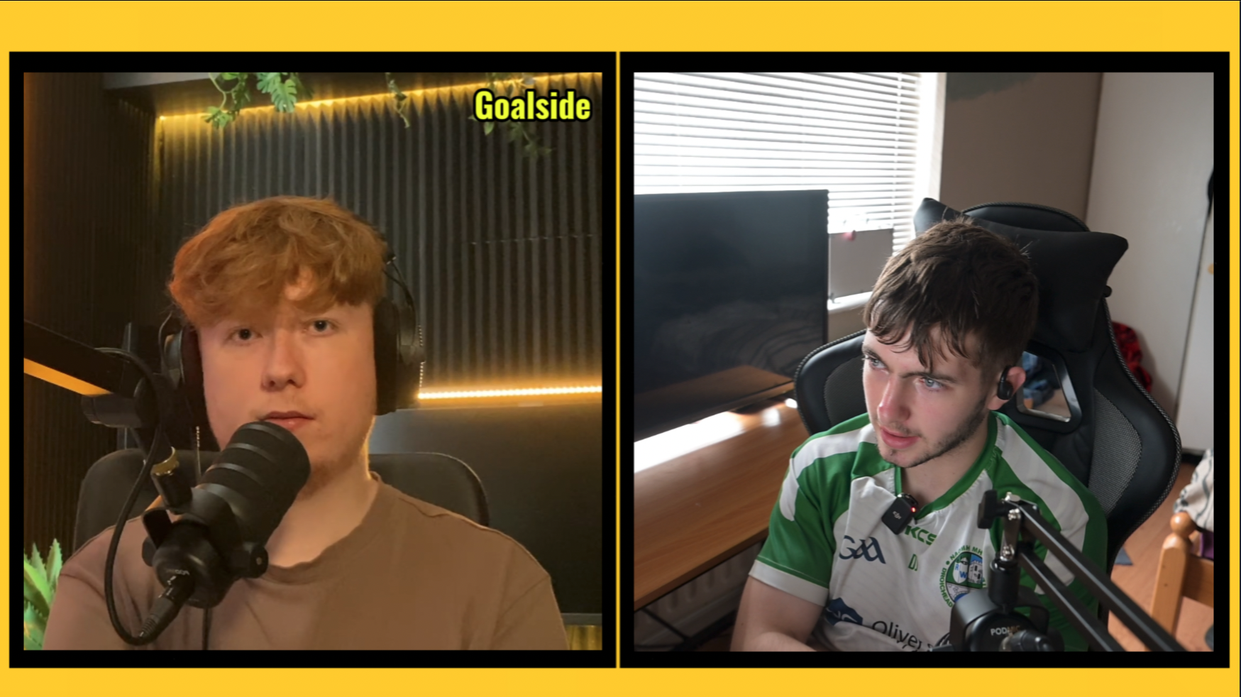 Split-screen image of two young men wearing headphones, each sitting in a room with microphone setups. The left side shows a red-haired man in a studio with dark wall panels and yellow lighting, labeled 'Goalside'. The right side shows a man with dark brown hair and a beard in a room with a window and blinds, wearing a green and white sports jersey.