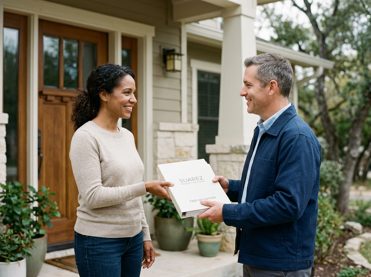 A woman receiving a box from a man outside her house, smiling. The box has text reading 'Suarez Property Solutions' and 'Free Valuation'.