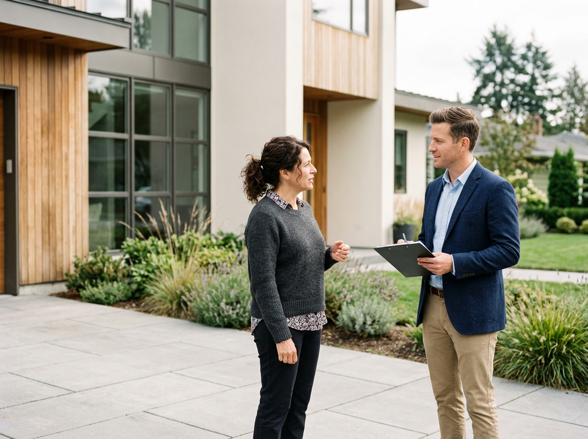 A real estate agent and a woman talking outside a modern house, the agent holding a clipboard, in a landscaped yard with bushes and trees.