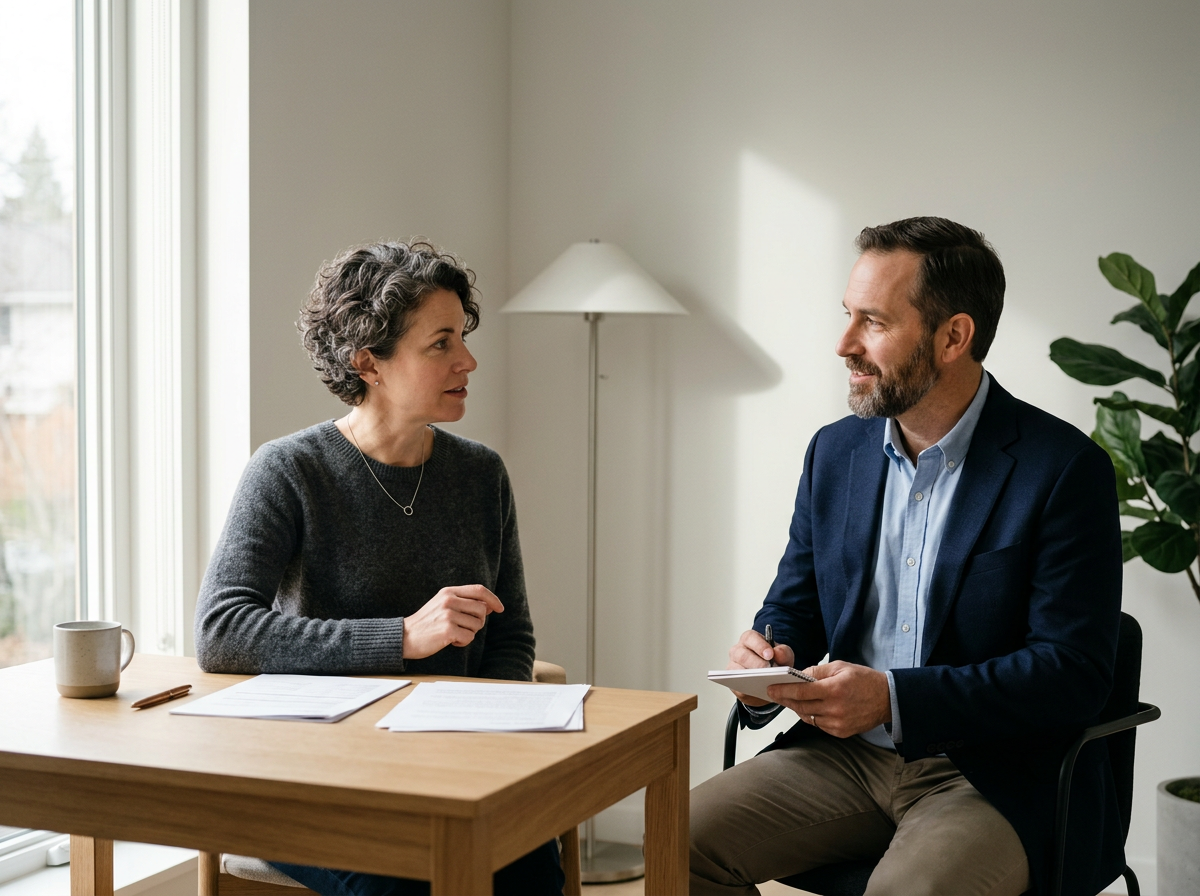 A woman and a man are having a conversation during an interview, sitting on opposite sides of a wooden table in a bright room with a window and a lamp, and a mug is on the table.