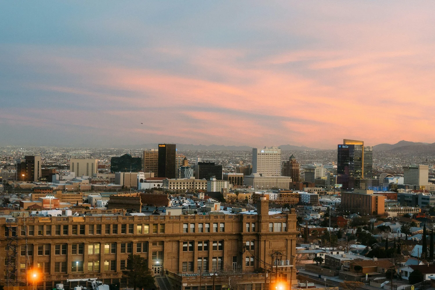 El Paso, Texas downtown skyline at dusk with the Franklin Mountains. El Paso, Texas