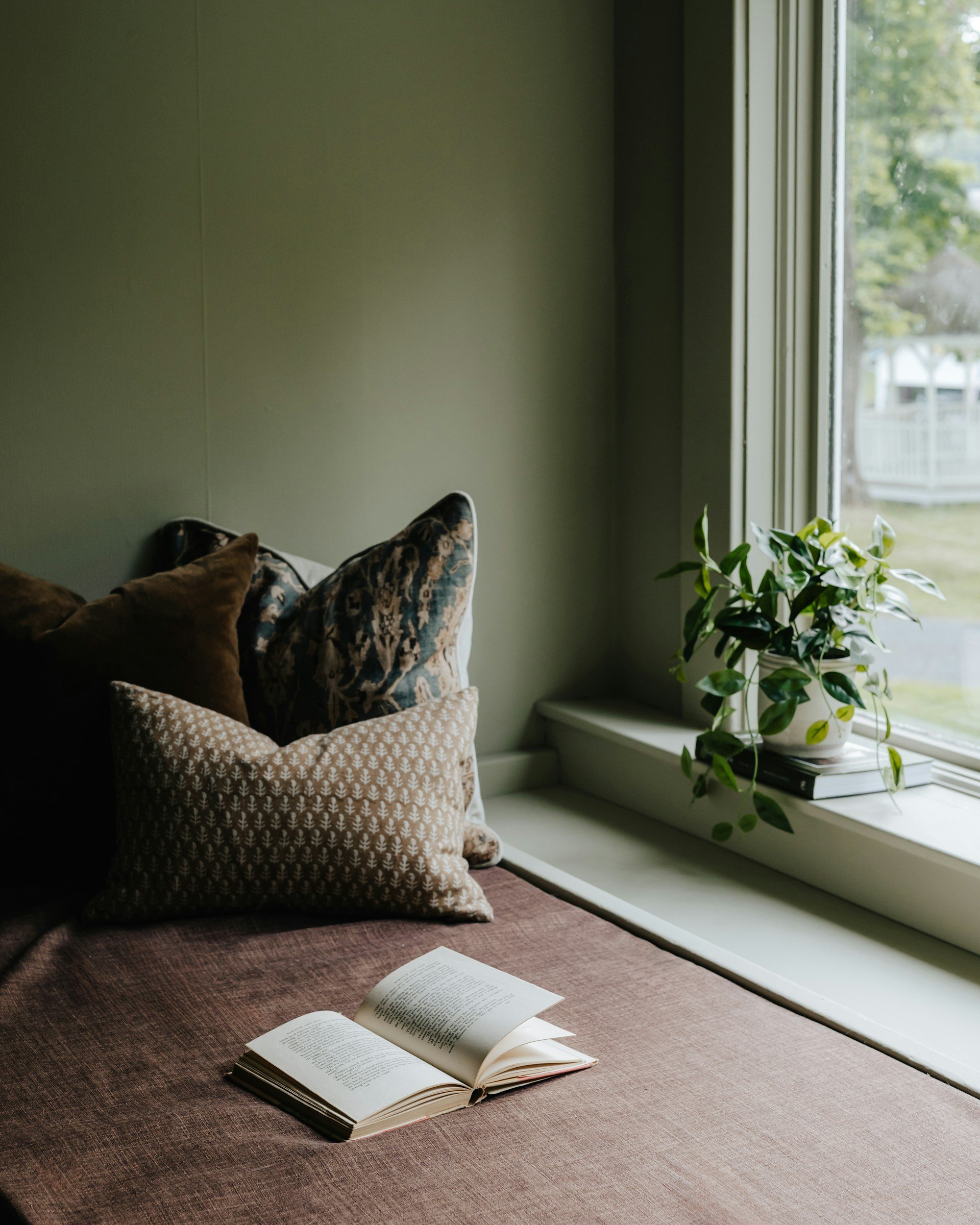 Open book on brown textured table, pillows stacked on window ledge, and green houseplant near window with outdoor view of trees and fence.