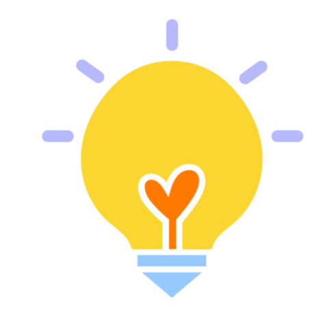 A cartoon light bulb with a yellow glass, blue socket, and purple rays radiating outward, featuring a heart shape in the filament.