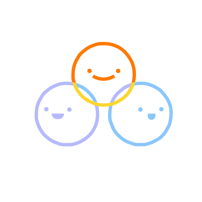 Three neon smiley faces with different colors; orange in the center, purple on the left, and blue on the right, against a black background.