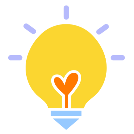 A yellow light bulb with purple rays radiating outward and a heart-shaped filament inside.