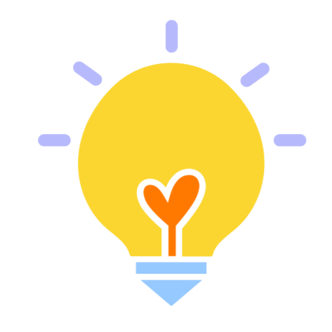 A cartoon light bulb with a heart-shaped filament and purple rays emanating from the top.