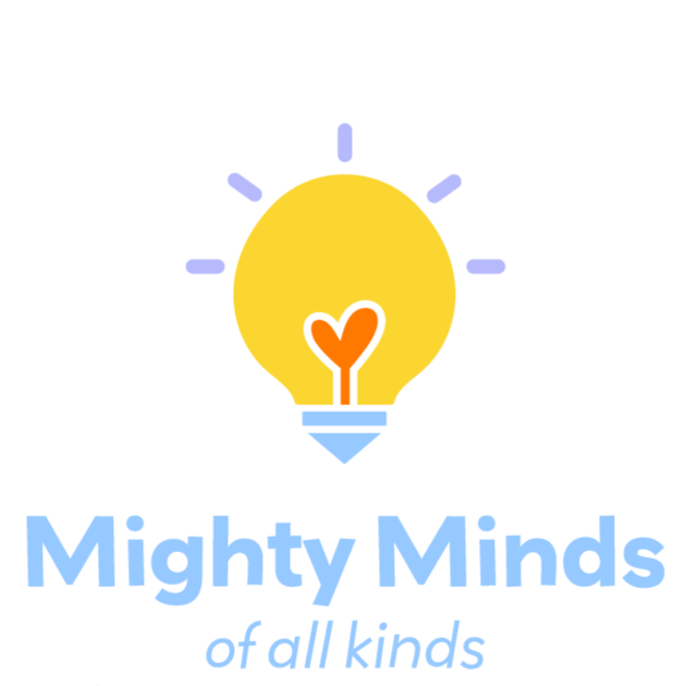 Logo of Mighty Minds of all kinds featuring a yellow light bulb with a heart-shaped filament, surrounded by blue rays, and the text "Mighty Minds of all kinds" below.