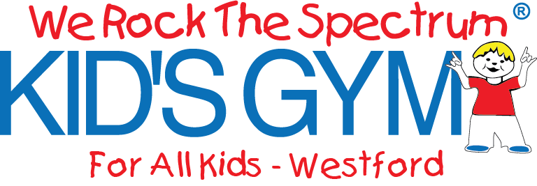 Logo for a kids' gym called 'We Rock The Spectrum Kid's Gym' in Westford, featuring a cartoon child with blonde hair in a red shirt and blue pants, with hands raised and making peace signs.