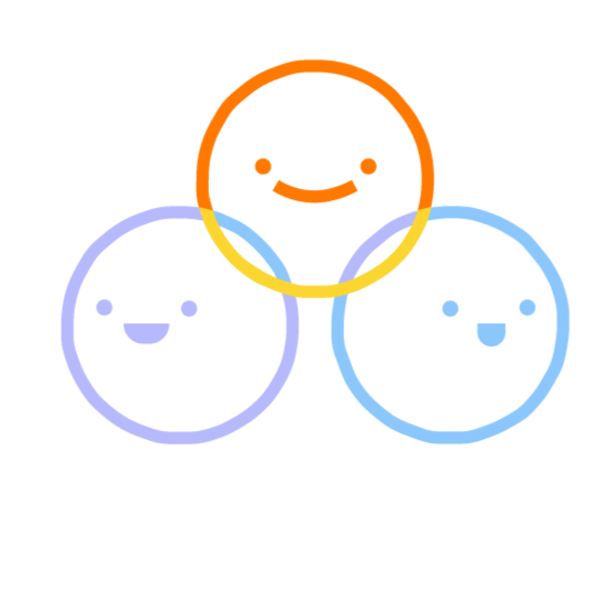 Three colorful smiling neon circles with facial features connected in a triangular formation.