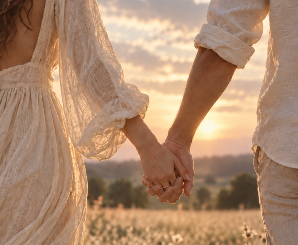A couple holding hands at sunset in a field, with the woman wearing a light, flowing dress and the man in a rolled-up long-sleeve shirt.
