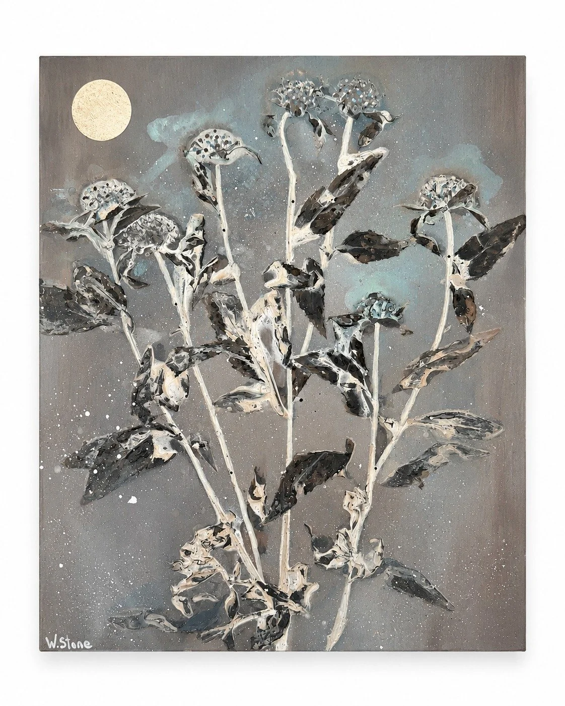 Original Botanical mixed media painting on wood with textured botanical impressions and earthy green tones by Wade Stone