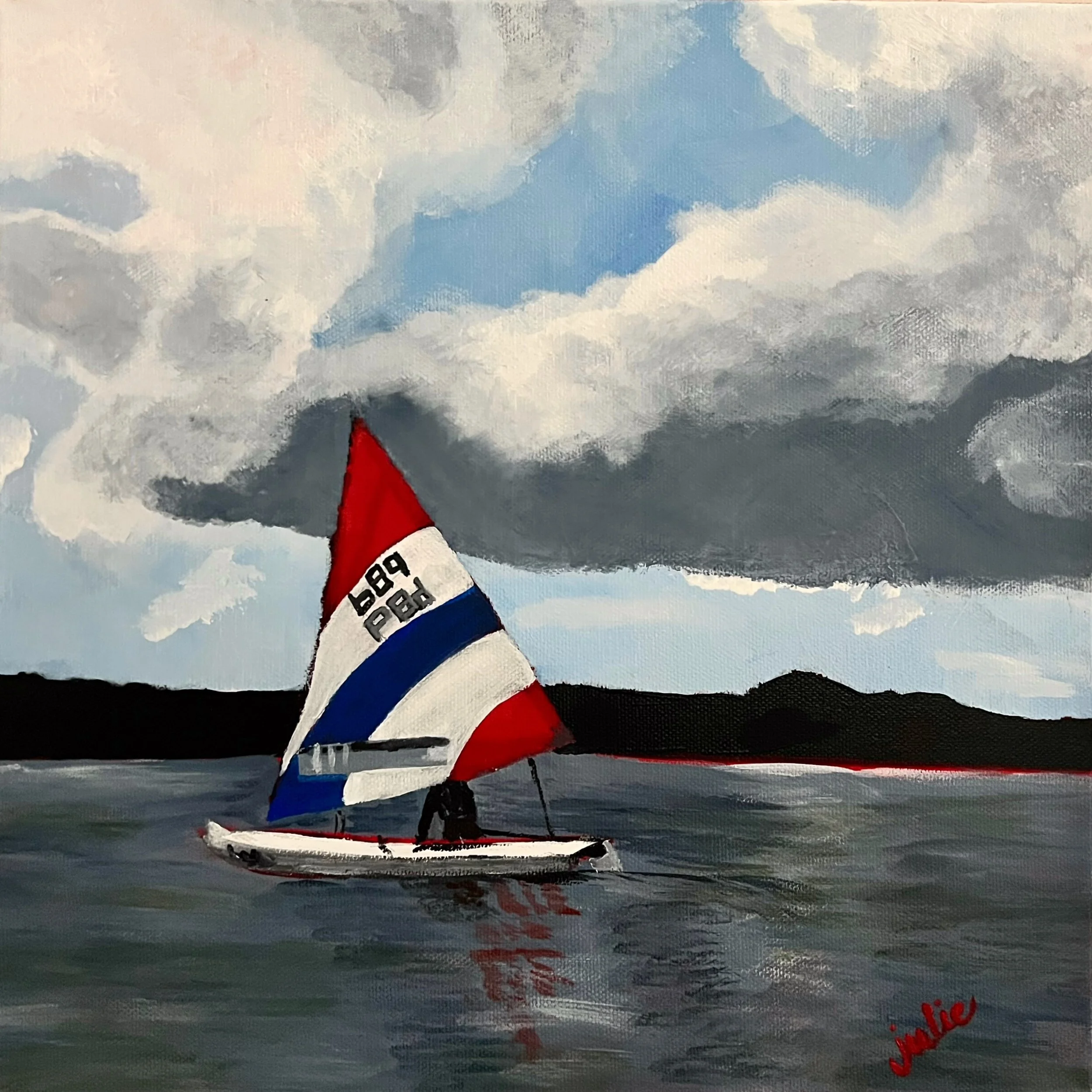 A painting of a sailboat on water beneath a sky filled with clouds. The sailboat has a red, white, and blue sail. There is red writing at the bottom right corner.