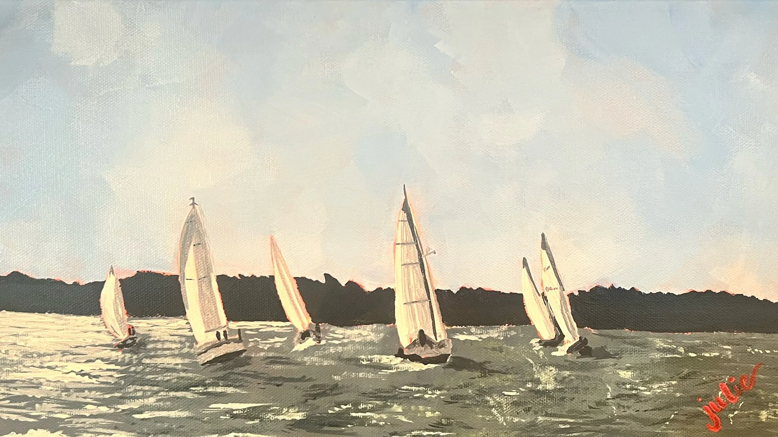 A painting of sailboats on the water near a dark landmass, with a cloudy sky overhead.