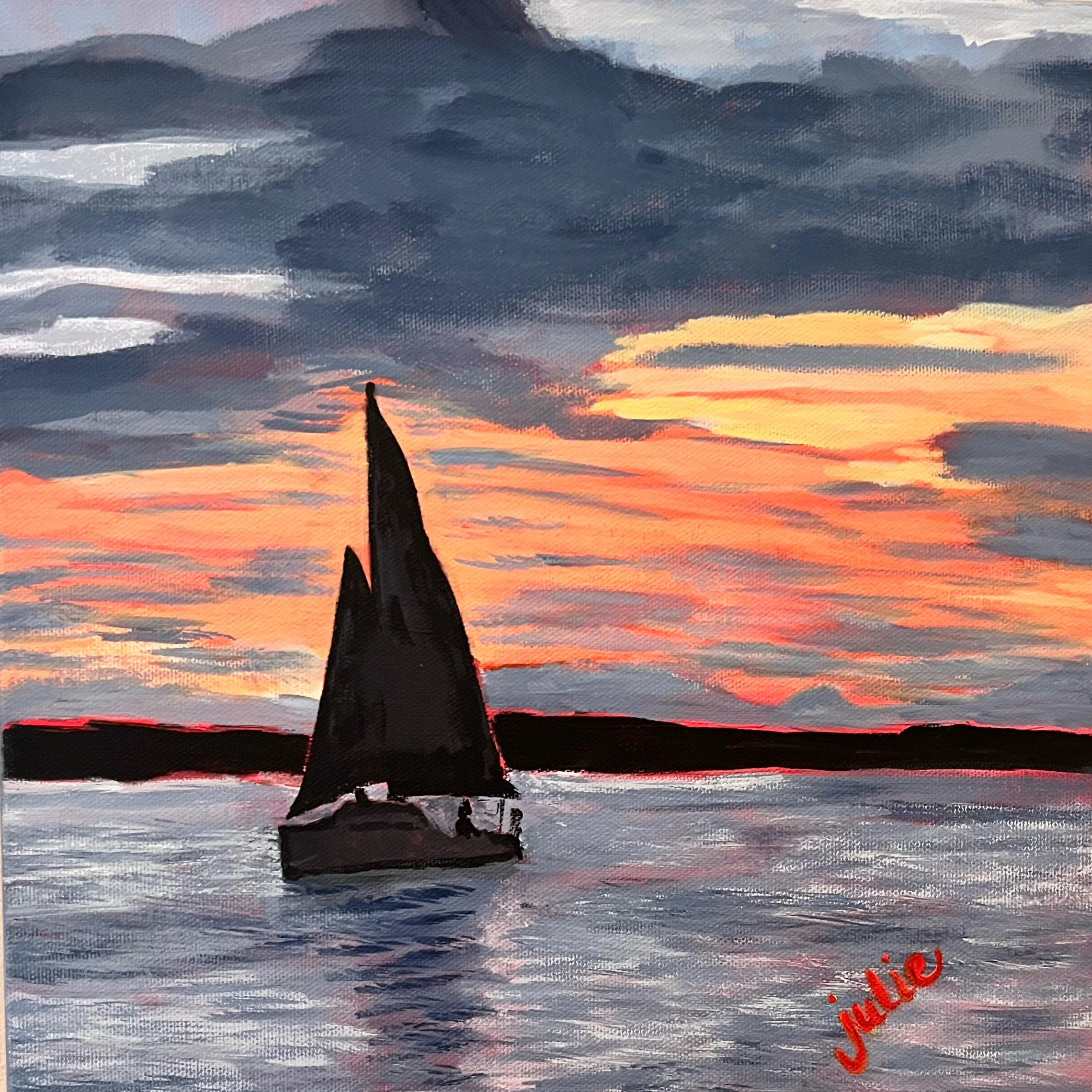 A painting of a sunset over water with a silhouette of a sailboat in the foreground. The sky is painted with shades of orange, red, pink, and dark blue.