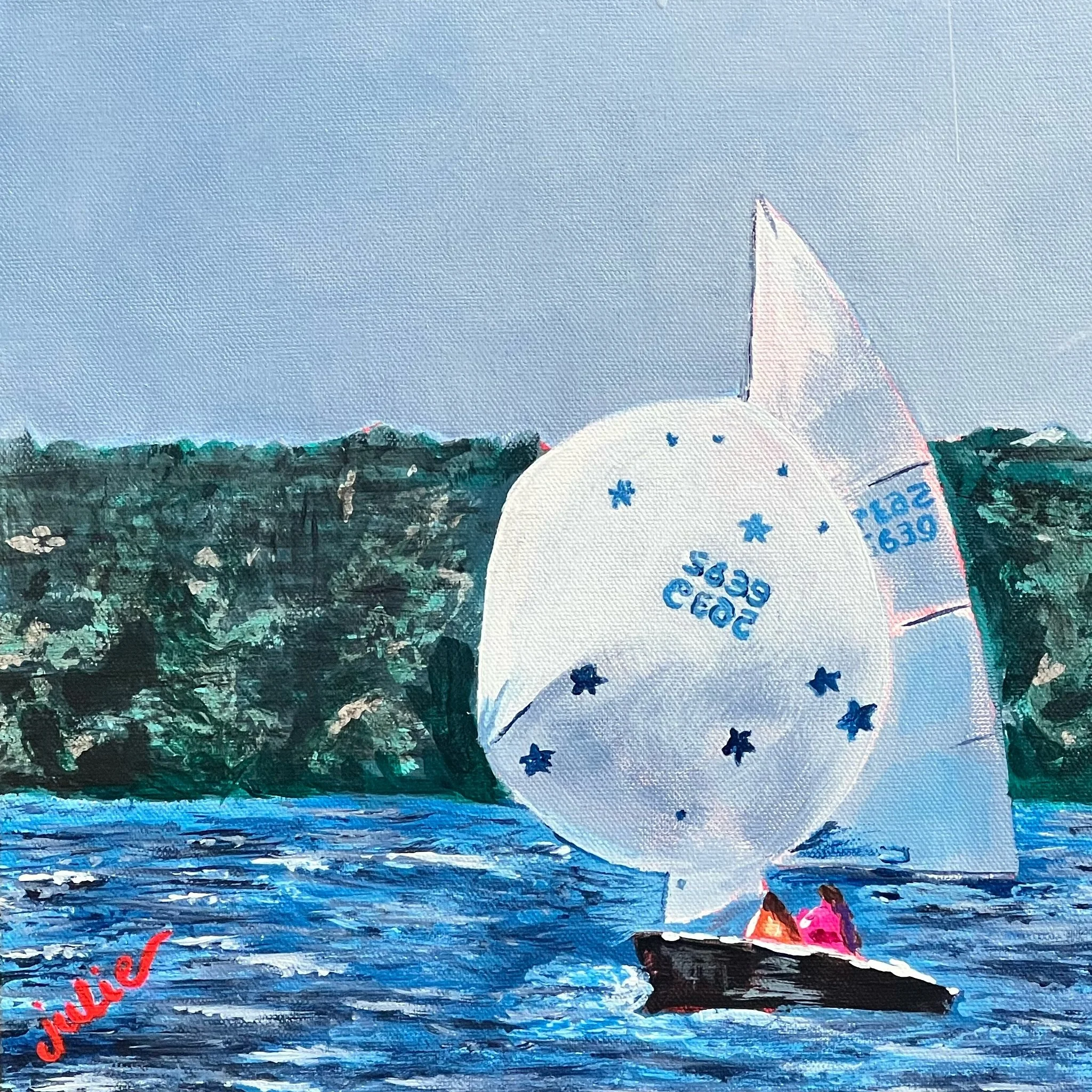 A painting of a sailboat on water with a person in the boat, blue sky, and some scattered clouds.