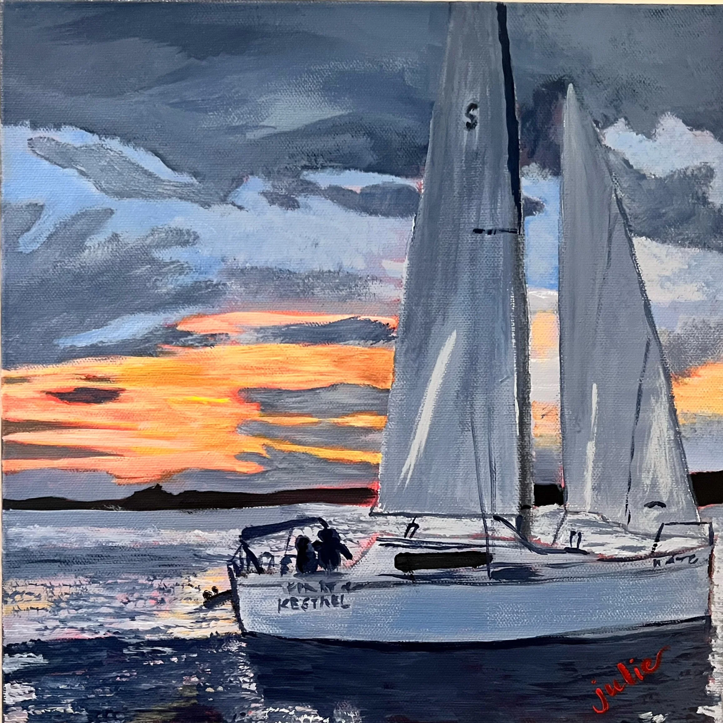 An impressionistic painting of a sunset on Wilson Lake with dark clouds in the sky, silhouetted palm trees, and the artist's signature 'Julie' in red at the bottom right.