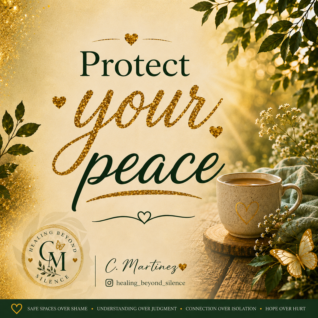 A peaceful outdoor scene with sunlight, greenery, and white flowers, featuring a mug with a heart on a wooden surface.