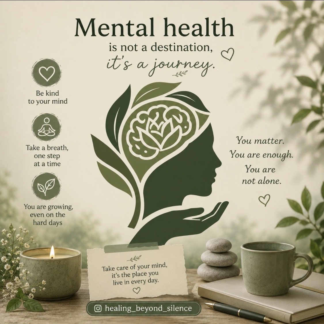 A wall poster with a message about mental health, featuring a silhouette of a person with a brain shaped like a flower and surrounded by calming elements like candles and stones. The poster includes motivational quotes and tips for mental well-being.