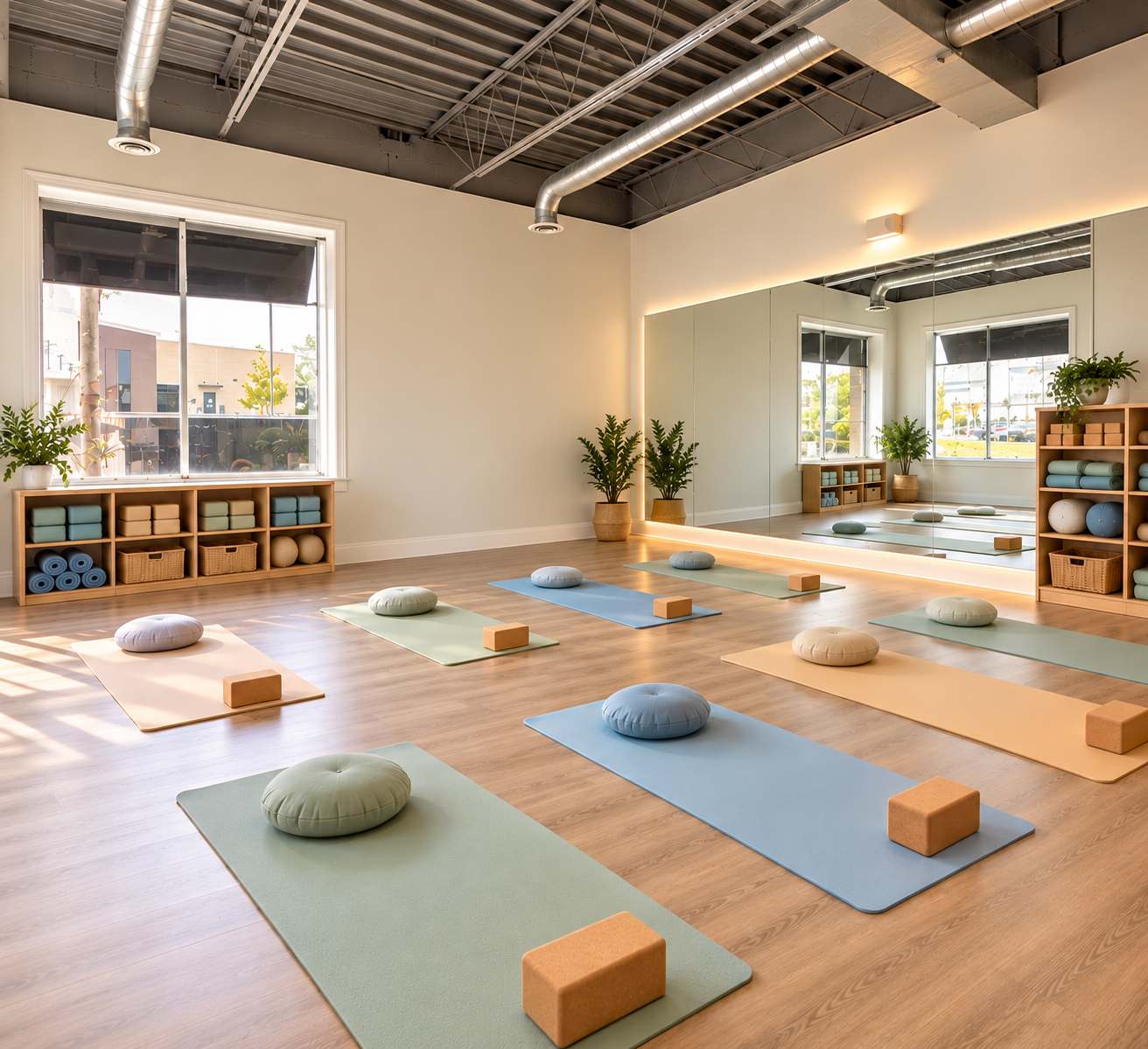 Yoga studio with mats, cushions, and blocks arranged on wooden floor, large mirror on one wall, natural light from windows, and indoor plants.