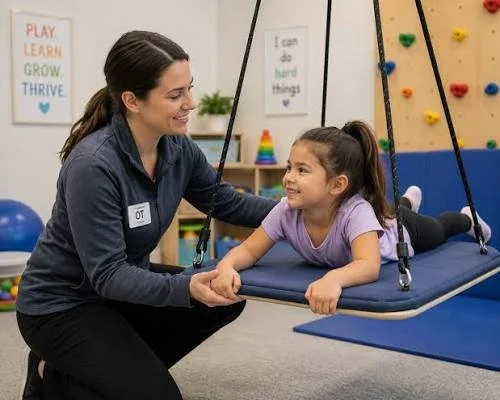 A woman helping a young girl on a therapy swing in a play therapy room with colorful walls and motivational posters.