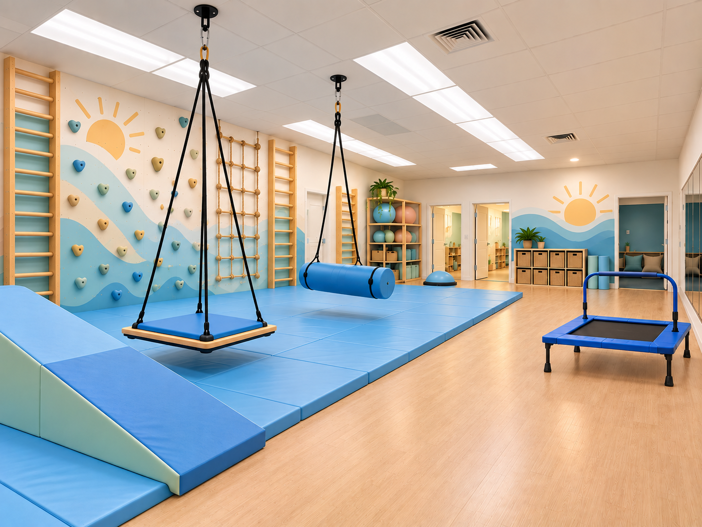 Indoor playroom with soft blue mats, a swing, climbing equipment, and wall murals featuring a sun and waves.
