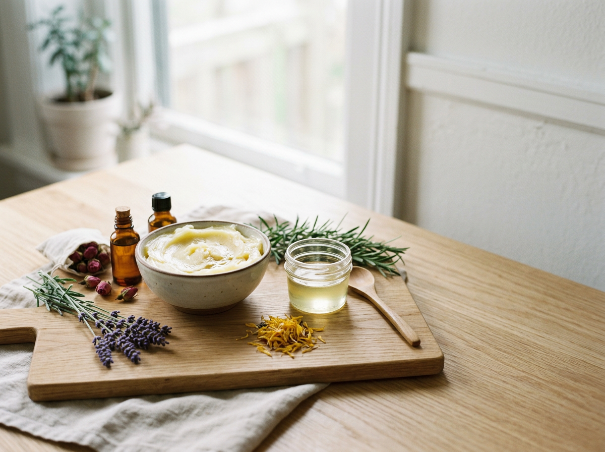 A wooden tray holding a bowl of cream, a small jar of oil, a wooden spoon, fresh herbs, dried flowers, and essential oil bottles, set on a light wooden table near a window.