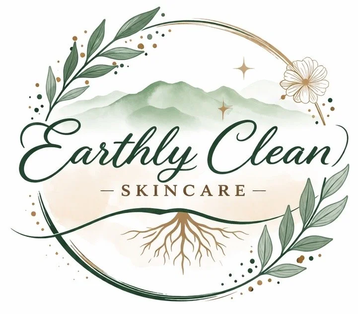 Illustration of the Earth with mountain ranges, leaves, a flower, and roots. The text reads "Earthly Clean Skincare."