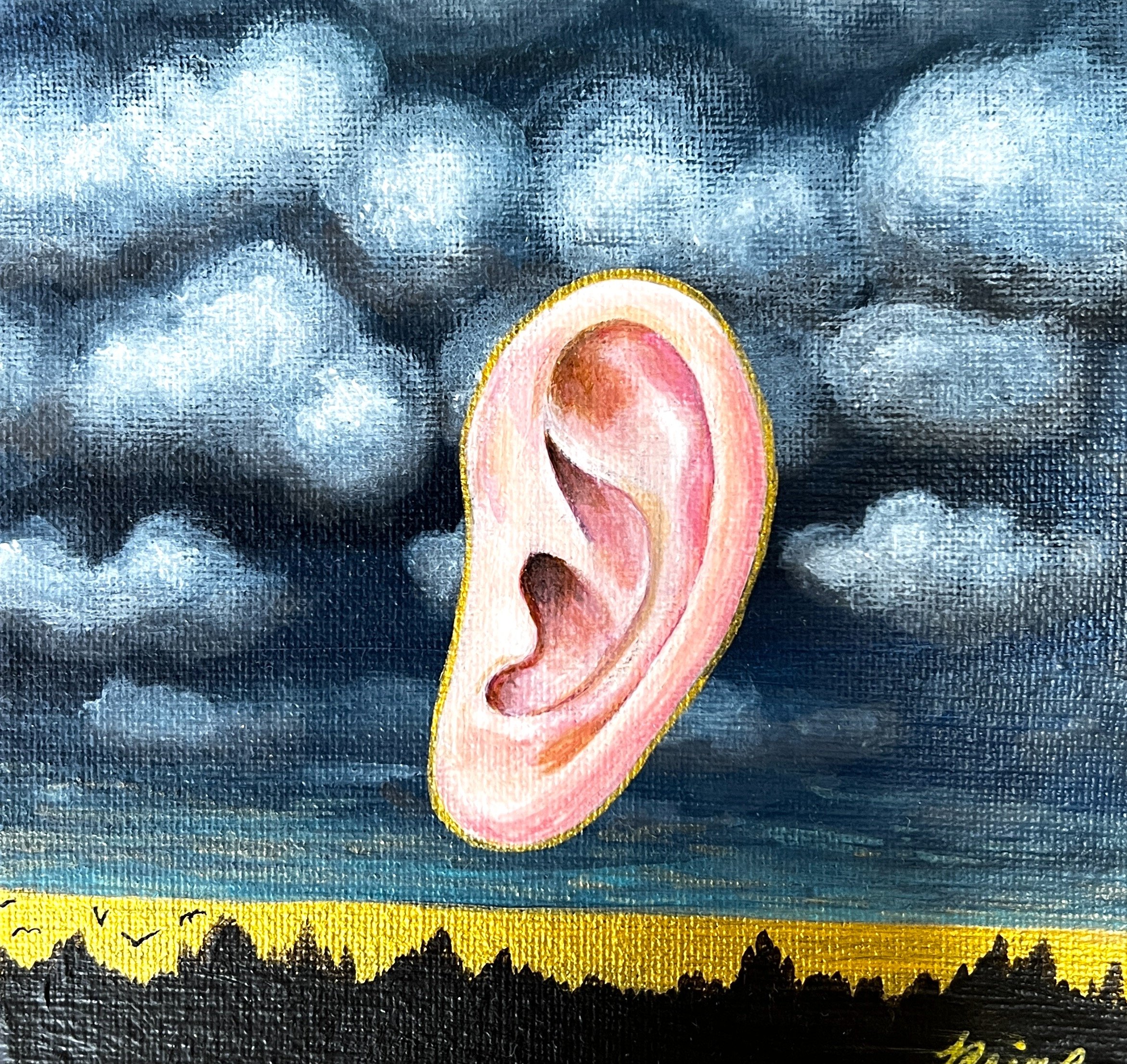 I'M ALL EARS (Original painting on canvas in 25x25 white shadow box)