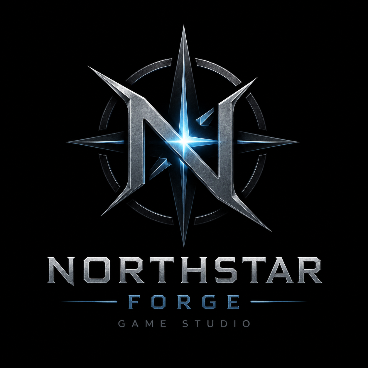 Logo of Northstar Forge Game Studio featuring a metallic compass with a star in the center and a stylized letter N and F, on a black background.