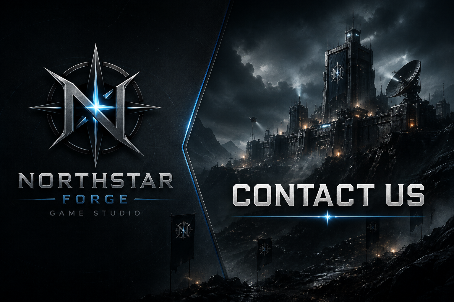Dark science fiction game studio promotional image with a futuristic cityscape, flags, and a large satellite dish, featuring the text 'Northstar Forge' and 'Contact Us'.