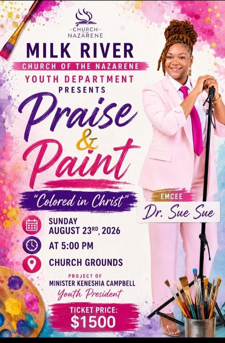 Poster for a church event titled "Praise & Paint" presented by Milk River Church of the Nazarene Youth Department, featuring Dr. Sue Sue as emcee. The event is scheduled for Sunday, August 23rd, 2026, at 5:00 PM on church grounds. The poster highlights the theme "Colored in Christ" and mentions a ticket price of $15.00. The design includes a woman in a pink suit holding a microphone, paintbrushes, and a colorful background with paint splashes.