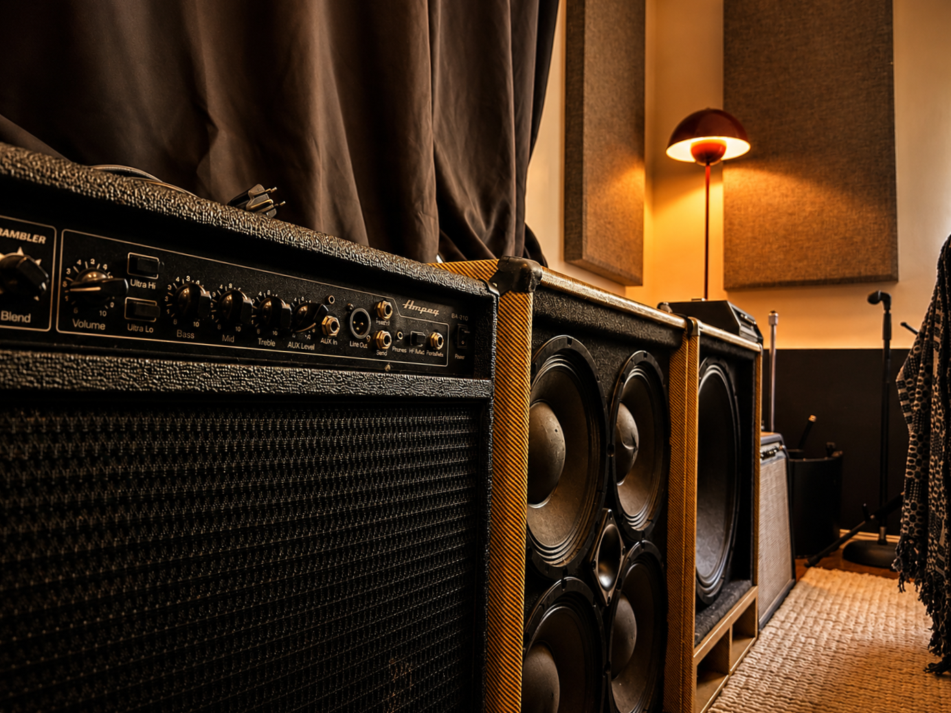 Recording studio with large guitar amplifier speakers, a wall-mounted lamp, and acoustic sound panels.